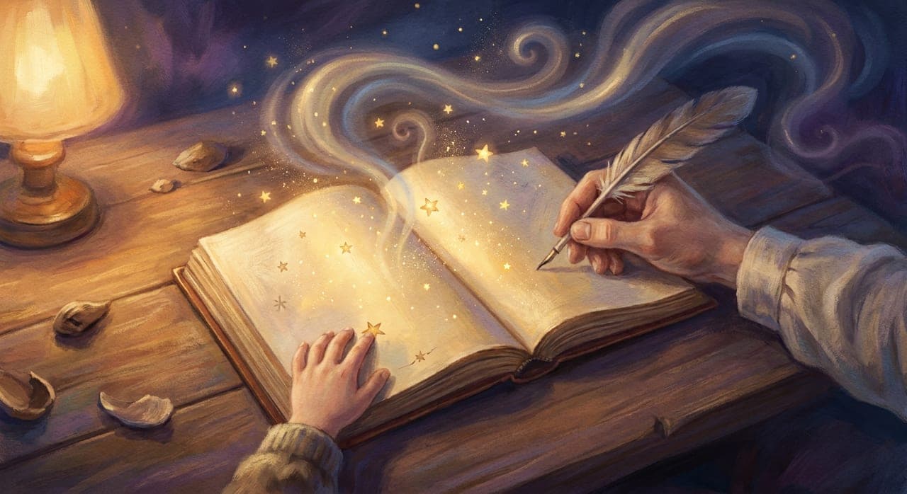 Een kinderhand en een volwassen hand samen boven een gloeiend verhalenboek, met opstijgende gouden sterren, bij het licht van een lamp