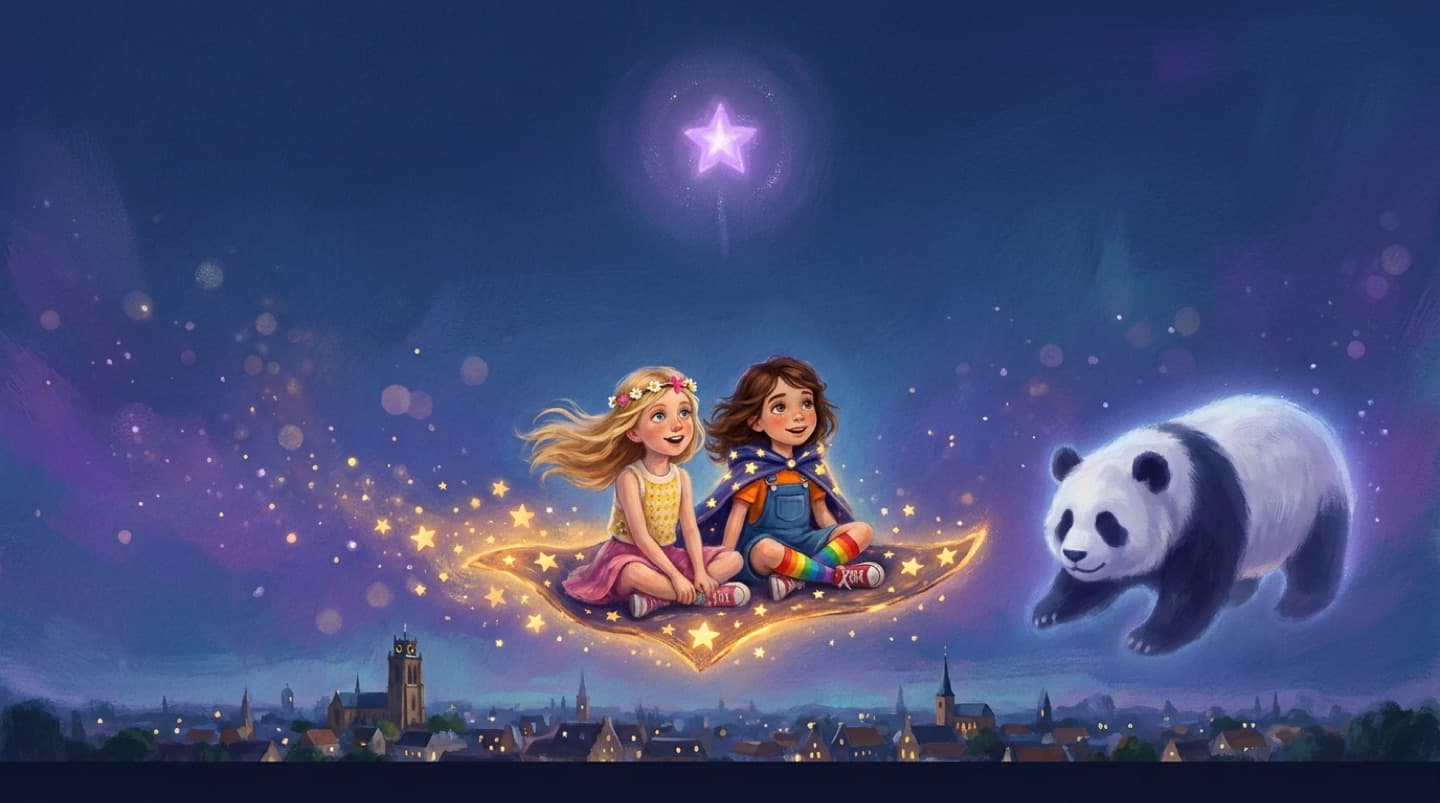 De kaft van het gepersonaliseerde Lou-prentenboek: Lou en een kind vliegen op het sterrendekentje boven de stad, met een lichtgevend droomdier ernaast.