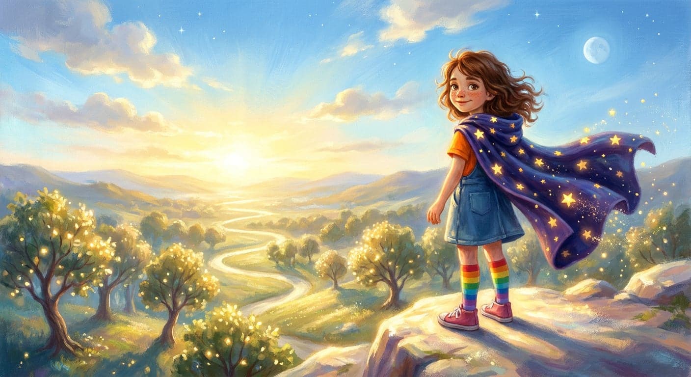 Lou met haar dekentje vol gouden sterren kijkt uit over de Droomtuin bij avondlicht