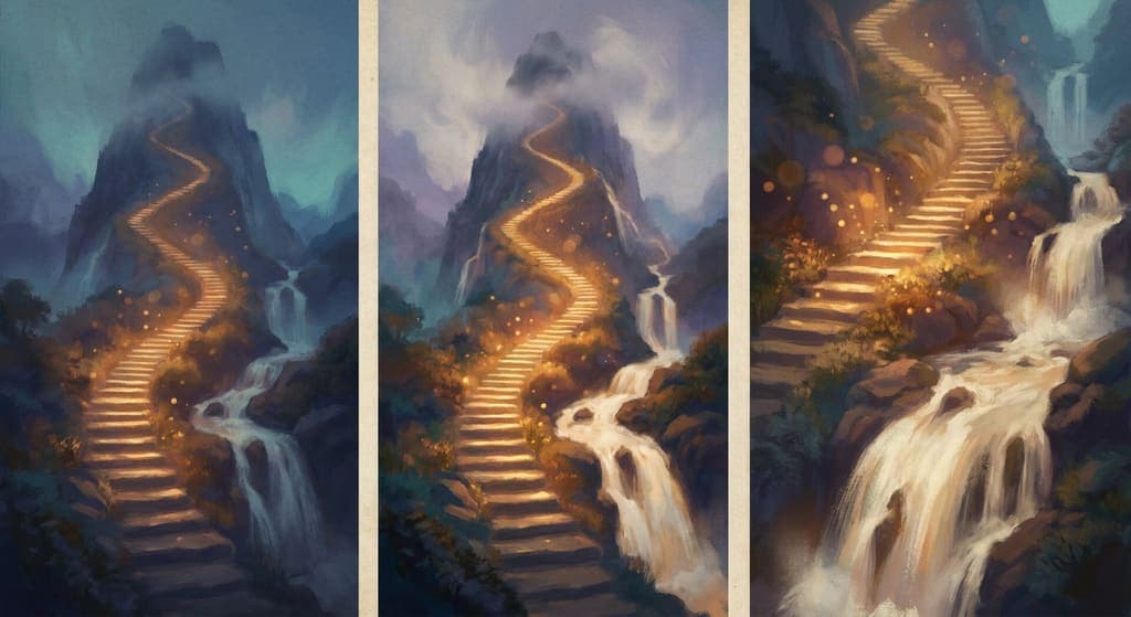 De Berg van Duizend Stappen in de Droomtuin: een hoge, avontuurlijke berg met een lichtend pad omhoog