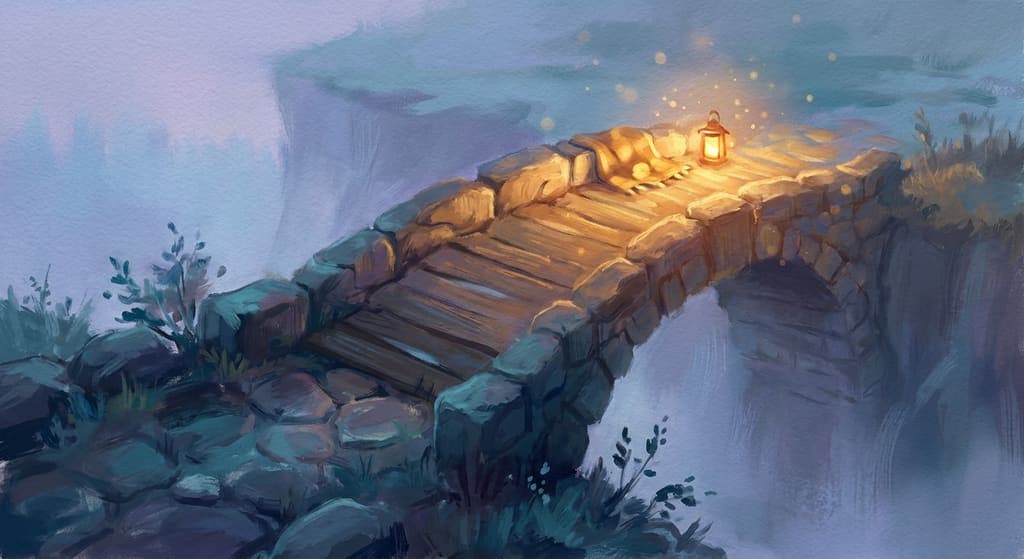 De Brug in de Droomtuin: een lichtgevende brug die over een vallei naar een nieuw avontuur leidt