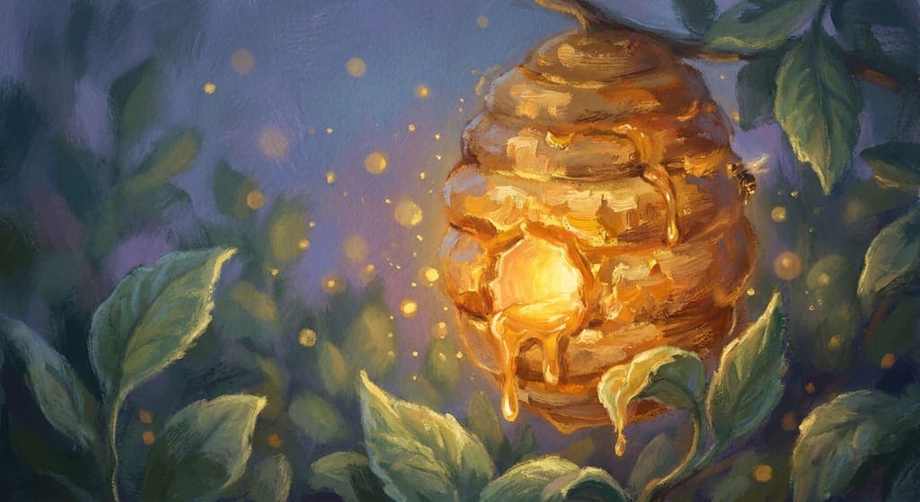 De Gouden Bijenkorf in de Droomtuin: een warme, ronde korf met zacht gonzende, glanzende bijtjes
