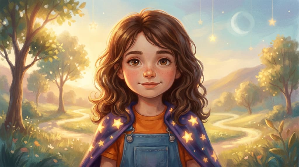 Warm portret van Lou met haar zachte glimlach en haar dekentje vol sterren om de schouders