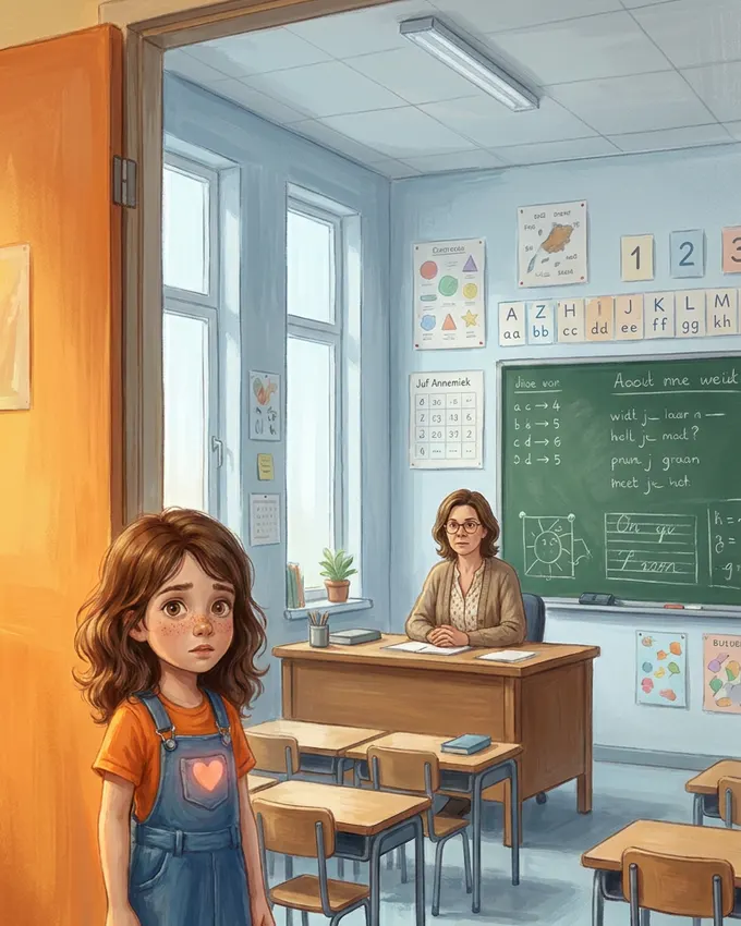 De echte wereld: Groep 3. Geen speelhoek meer, alleen rijen tafeltjes en stille letters.