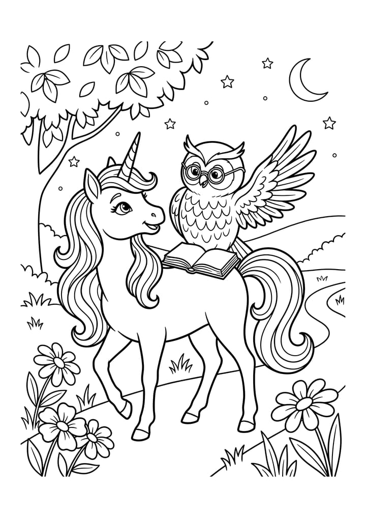 Kleurplaat: de eenhoorn Luna met de uil Professor Pluis op haar rug, met een opengeslagen boek